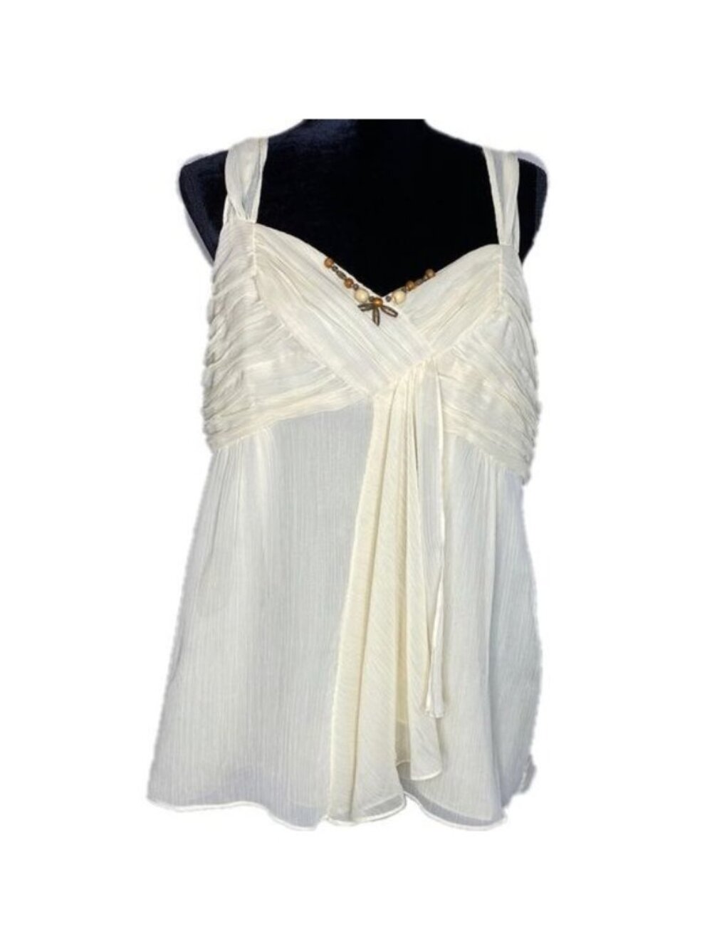 Nine West Womens 16 Ivory Beaded Draped Sleeveless Blouse Smocked Polyester